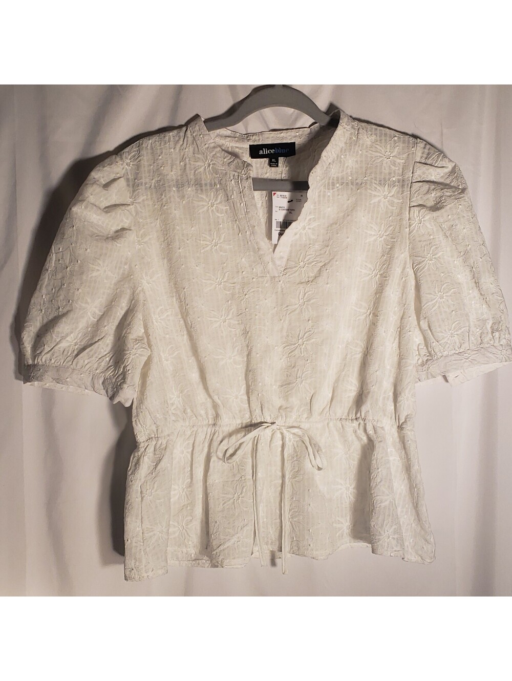 Alice Blue Womens XL White Embroidered Peplum Top Puff Sleeve NWT Cotton